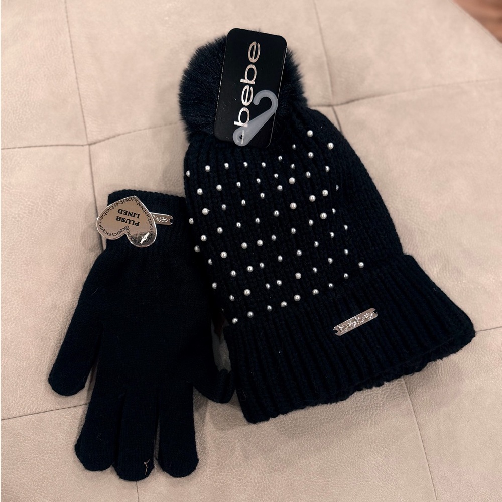 Bebe Black Knit Hat and Glove Set with Pearls